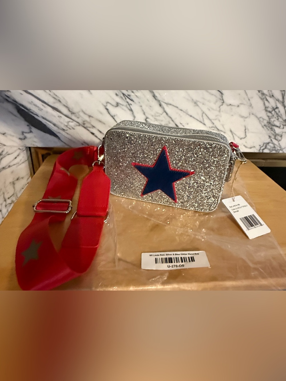 Vintage Havana Linda Silver Glitter Crossbody with Blue Star and Red Trim